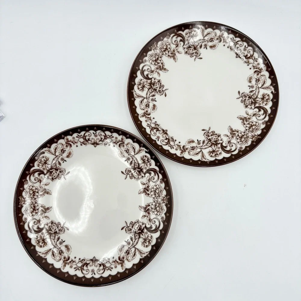 Floral Brown Toile Salad Dessert Plates Decorative Border Dinnerware Set Of 2